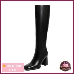 Knee High Boots Women Chunky Heel Square Toe Heeled Tall Boot Side Zipper